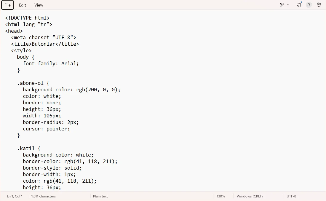 Not Defteri'nde 2d.html; style bölümündeki CSS kuralları görünüyor