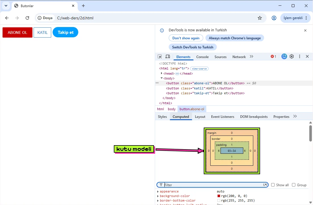 DevTools'un Computed sekmesi; margin, border, padding ve içerik katmanlarıyla kutu şeması